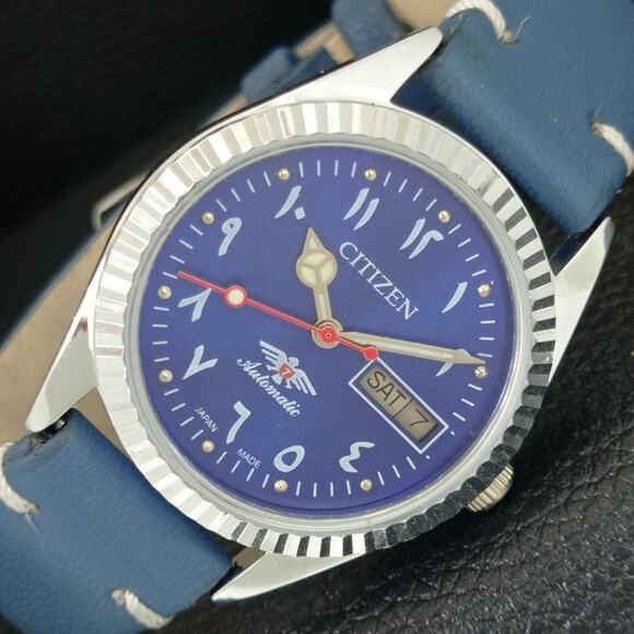 Vintage 1973 Citizen Automatic Mens Silver Watch W/daydate & Blue accents